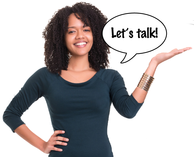 Young Asian woman with curly hair, pointing to a word balloon that says "Let's Talk" about your no nonsense branding.